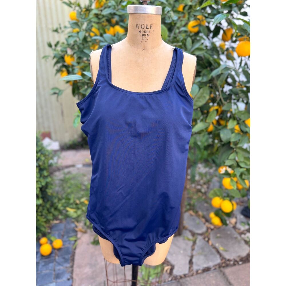 NWT Lands End Deep Sea Navy Scoop Neck One Piece Classic Swimsuit Size 14DD